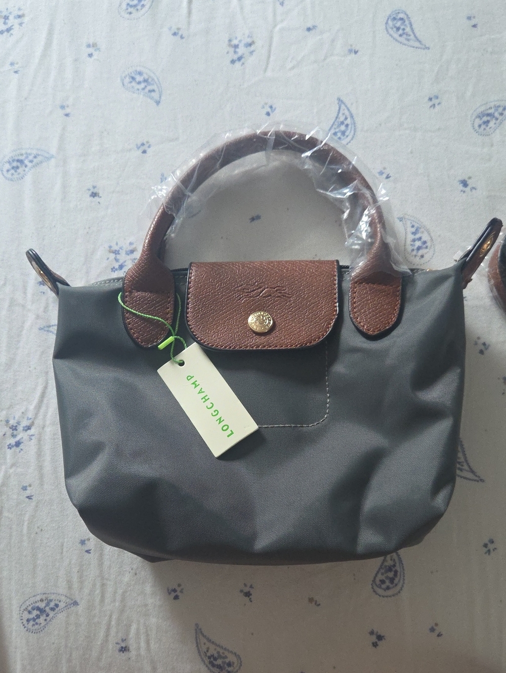 Longchamp Gray Tote with Brown Leather Trim